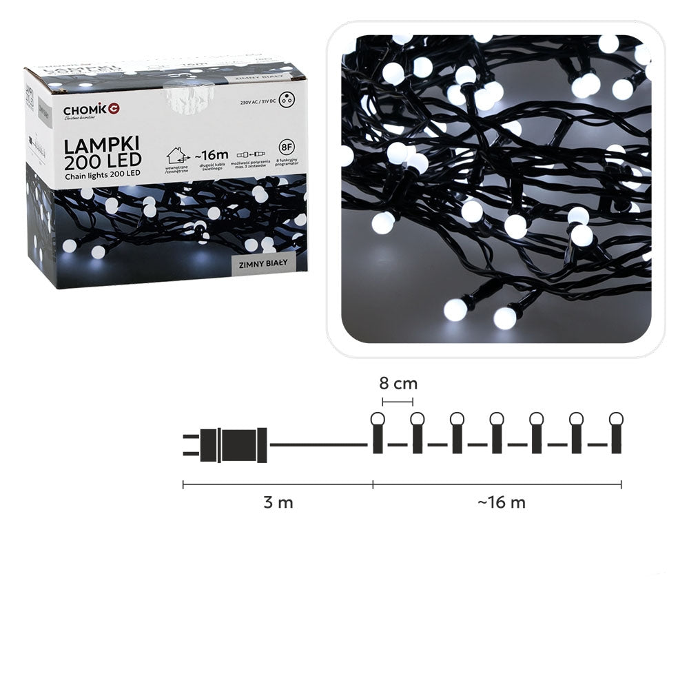 LED girlianda „Ball Lights“ 200 LED, šaltai balta, 16 m