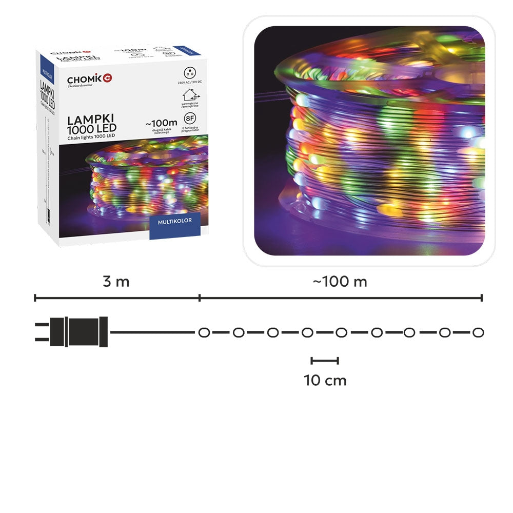 LED švieselių girlianda ant ritės 1000 LED, 100 m, multicolor