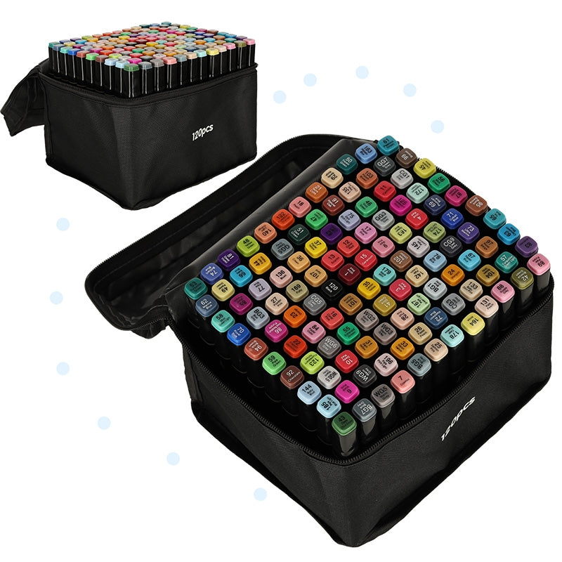 120 dvipusių markerių rinkinys su stovu ir dėklu