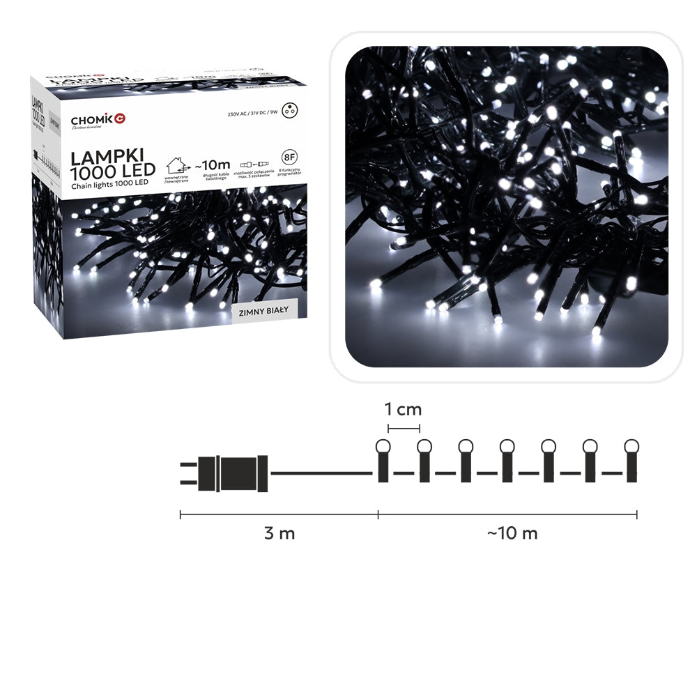 LED girlianda 1000 LED, 10 m, šaltai balta
