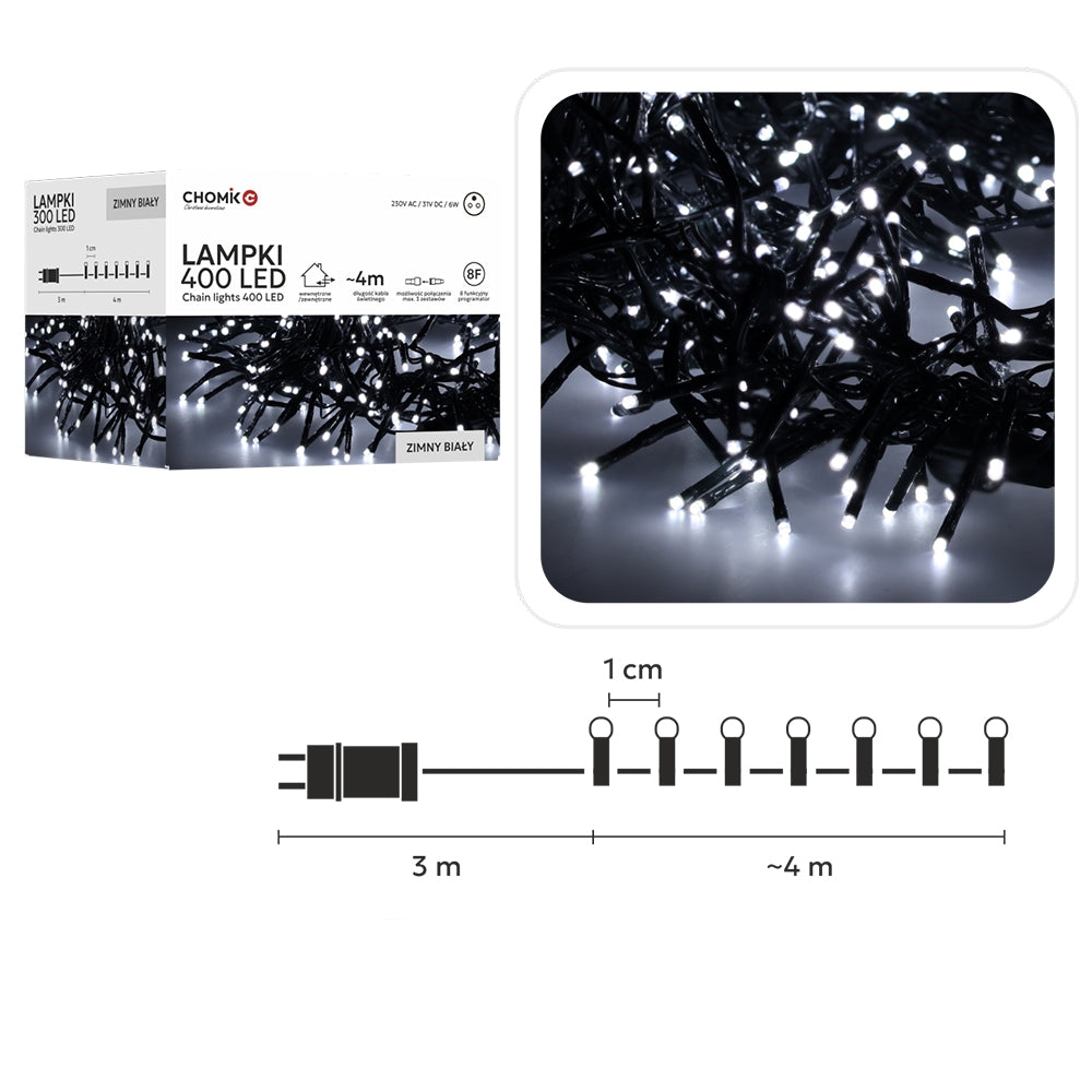 LED girlianda 400 LED, 4 m, šaltai balta
